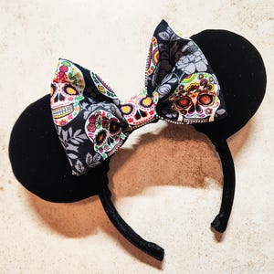 Disney Minnie Mouse Ears Inspired Headband - Luxury Black Velvet Sugar Skull Skeleton Bow Coco - Holiday Halloween
