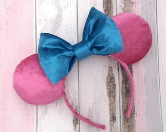 Disney Minnie Mouse Ears Inspired Headband - Luxury Bright Pink Velvet Blue Bow - Princess Sleeping Beauty Christmas Gift
