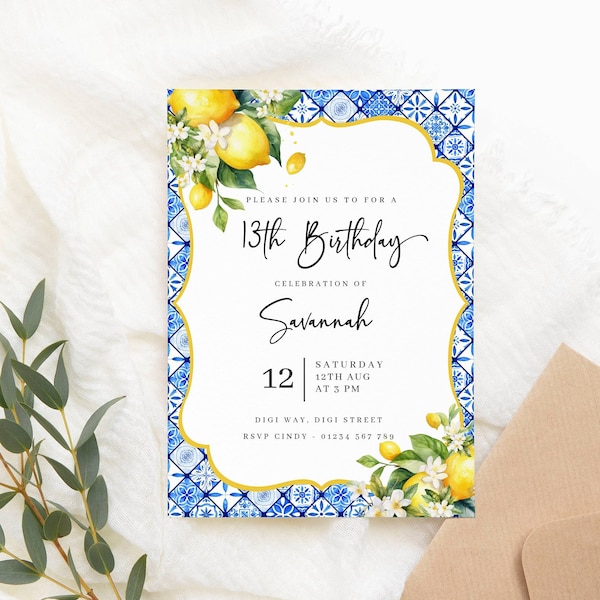 Italian style birthday invitation template blue tile printable invite lemon citrus printable DIY 13th invitation card