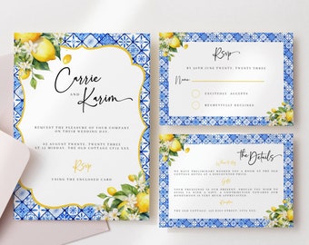 May include: A blue and white patterned wedding invitation with a lemon and floral design. The invitation reads "Corrie and Karim" and includes the date and time of the wedding. The RSVP card includes a name field and options to accept or decline the invitation. The details card includes information about the wedding venue and a note about a discounted room rate.