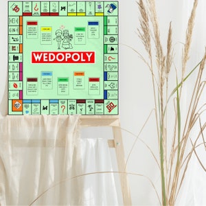 Pode incluir: Um jogo de tabuleiro verde e vermelho com o título "WEDOPOLY" impresso em vermelho. O jogo de tabuleiro é uma paródia do popular jogo de tabuleiro Monopoly.