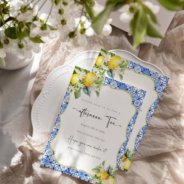 Afternoon tea invitation blue tile editable Italian style template Mediterranean citrus lemon printable invite