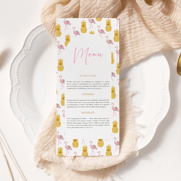 Menu template flamingos and pineapples bar menu wedding menu templet DIY printable trendy function pattern menu