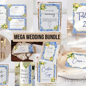 Pacchetto di modelli per matrimonio Piastrelle a mosaico blu e gialle a tema italiano stampabili Invito decorazioni per matrimonio segnaletica personalizzabile kit per matrimonio