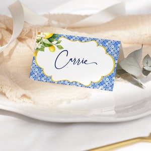 Cartões de visita com nome de casamento modelo de azulejo azul Cartões de nome cítricos de limão Amalfi Cartões de visita Positano com tema italiano azul e amarelo
