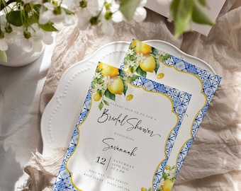 Bridal shower editable template lemon citrus wedding Italian blue tile printable Invitation card Amalfi coast theme