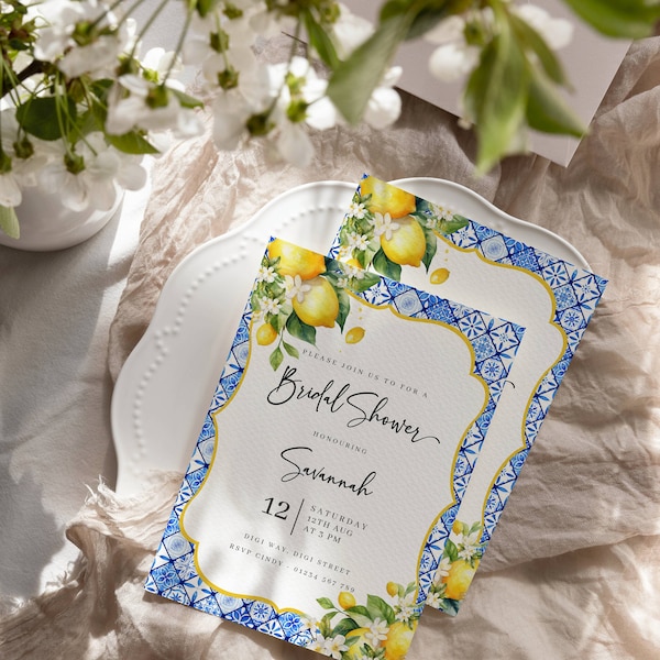 Bridal shower editable template lemon citrus wedding Italian blue tile printable Invitation card Amalfi coast theme