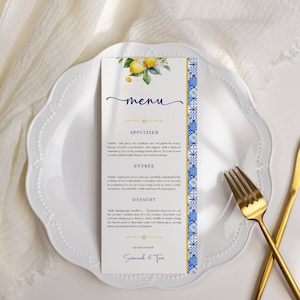 Hochzeit Menüvorlage Italienisches Thema Zitrusfrüchte Zitrone digitaler download Positano Blaue Fliese Zitrone