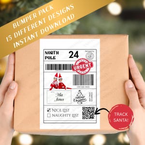 Op de afbeelding: Een bruin kartonnen pakket met een kerst-thema verzendlabel. Het label bevat de tekst "Noordpool 24", "Dringend" en "Mia Jones". Twee elfen zijn afgebeeld. Het vakje "Leuke lijst" is aangevinkt.