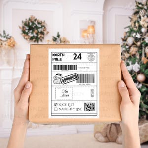 May include: A brown parcel with a North Pole shipping label. The label features a Santa Claus illustration and the word "APPROVED". The recipient's name is "Mia Jones", with a checkmark next to "NICE LIST".