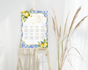 Italian Lemon Wedding Seating Chart Template: Blue Tile Design (Digital Download A1 Size Edit)
