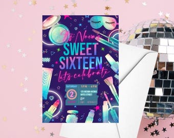 May include: A neon pink and blue invitation for a Sweet Sixteen party with a makeup theme. The invitation features a makeup palette, lipstick, eyeshadow, and a sleep mask. The text on the invitation reads "Nova's Sweet Sixteen Let's Celebrate" and includes the date, time, and location of the party.