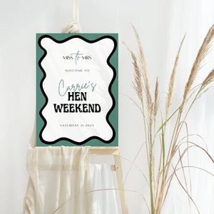 Hen weekend welcome poster bridal party sign wavy border editable template hen party
