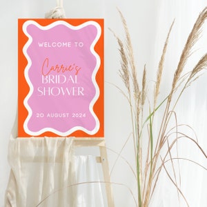 Panneau de bienvenue pour la douche nuptiale, bordure ondulée, affiche orange et rose, modèle modifiable, EVJF