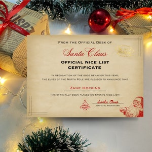 Certificato di elenco Nice modificabile elenco di Babbo Natale personalizzato ufficiale Nice 2023 download istantaneo posta di Natale stampabile sulla scrivania di Babbo Natale