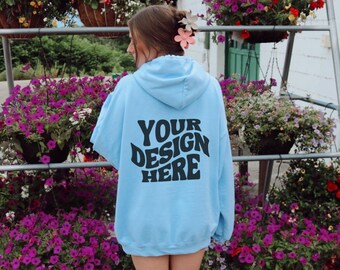 Gildan 18500 Light Blue Back of Hoodie Mockup Aesthetic Oversized Hoodie Mockup Trendy Model Mock Sweatshirt Nature Mockup Lifestyle Mock