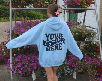 Gildan 18500 Light Blue Back of Hoodie Mockup Aesthetic Oversized Hoodie Mockup Trendy Model Mock Sweatshirt Nature Mockup Lifestyle Mock