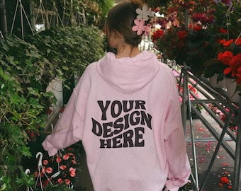 Light Pink Gildan 18500 Hoodie Back of Hoodie Mockup Oversized Trendy Model Mockup Moonlit Mockup Pink Hoodie Mockup Ai Sweatshirt Mockup
