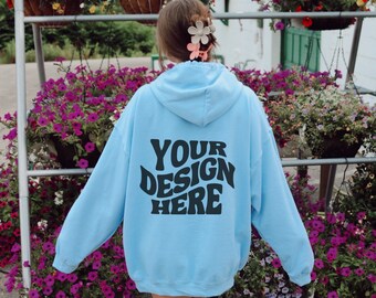 Gildan 18500 Light Blue Back of Hoodie Mockup Aesthetic Oversized Hoodie Mockup Trendy Model Mock Sweatshirt Nature Mockup Lifestyle Mock