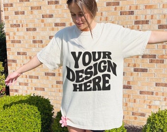 Comfort Colors C1717 Ivory Shirt Mockup Outdoors Mockup Oversized Mockup Ivory Shirt Ivory Comfort Color Shirt Mock Model Mock up