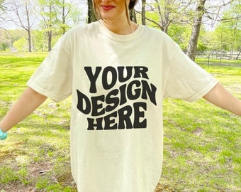 Comfort Colors C1717 Ivory Mockup Outdoors Mockup Oversized Ivory Model Mockup Trendy Mock White Colored Shirt Aesthetic Mockup 1717 Mockup