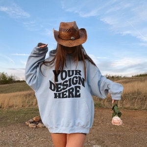Gildan 18500 Light Blue Hoodie Mockup Front Sweatshirt Mockup Western Cowgirl Mockup Blue Aesthetic Mockup Minimalist Outdoors Y2K Mockup