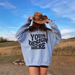 Gildan 18500 Light Blue Hoodie Mockup Front of Sweatshirt Mockup Western Cowgirl Mockup Blue Aesthetic Mockup Minimalist Outdoors Mockup