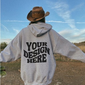 Gildan 18500 Sport Grey Hoodie Mockup Back of Hoodie Oversized Grey Sweatshirt Mockup Trendy Model Mockup Nature Aesthetic Lifestyle Mock