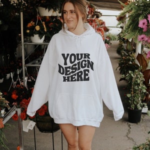 Gildan 18500 White Hoodie Mockup White Mockup Flowers Outdoor Aesthetic Mockup Y2K Model Mockup Oversized Sweatshirt Mock White Ai Mockup