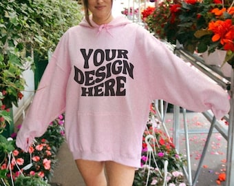 Light Pink Gildan 18500 Hoodie Mockup Oversized Trendy Model Mockup Summer Moonlit Mockup Pink Hoodie Mockup Ai Mockup Sweatshirt Mockups