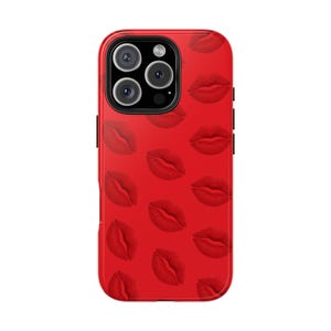 Red Lips Kiss Pattern Tough Phone Case, Stylish iPhone Cover, Protective Phone Case, Fashionable Phone Accessory, Unique Phone Shell