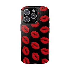Red Lips Kiss Pattern Tough Phone Case, Stylish iPhone Cover, Protective Phone Case, Fashionable Phone Accessory, Unique Phone Shell