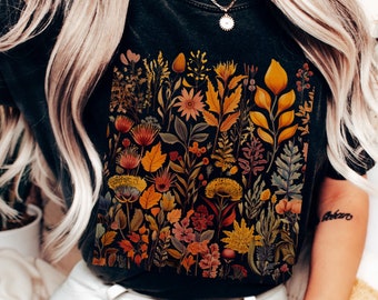 Vintage cottagecore boho chemise de fleurs sauvages automne nature amant vêtements jardinier goblincore granola fille vêtements sorcière verte t-shirt fairycore