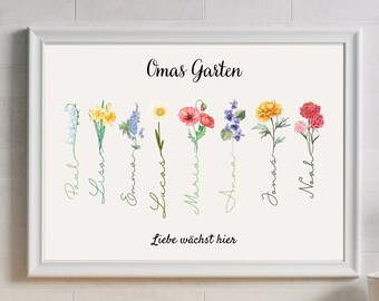 Personalisiertes Geburtsblumen-Wanddekor, individuelles Familiengartenschild, Oma, Mutter, Geschenk, Weihnachten, Geburtstagsgeschenk, Boho-Blumenkunstdruck-Poster