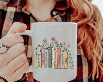 Personalized bookshelf mug, custom book cup, birthday Christmas gift for her, book club present, reading fandom merch, librarian teacher