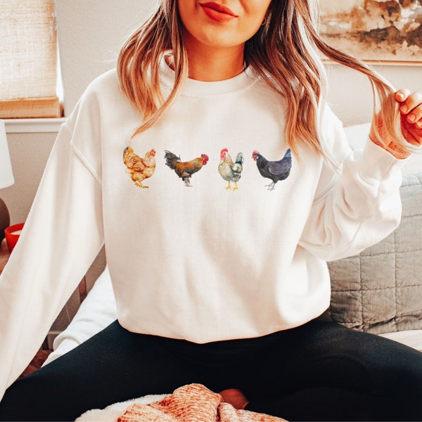 Chicken Lover Sweatshirt, Hen Rooster Sweater, Chickens Bird Farmer Crewneck, Funny Cute Trendy Farm Animal Clothes, Quirky Gift for Her