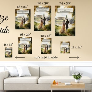 Puede incluir: Una gu&iacute;a de tallas para impresiones de arte de pared con una pareja caminando en un jard&iacute;n. La gu&iacute;a muestra diferentes tama&ntilde;os de impresiones, que van desde 9x11 pulgadas hasta 24x36 pulgadas. La gu&iacute;a tambi&eacute;n incluye un sof&aacute; para la escala, que tiene 90 pulgadas de ancho.