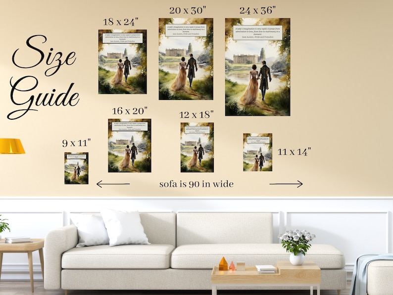 Puede incluir: Una gu&iacute;a de tallas para impresiones de arte de pared con una pareja caminando en un jard&iacute;n. La gu&iacute;a muestra diferentes tama&ntilde;os de impresiones, que van desde 9x11 pulgadas hasta 24x36 pulgadas. La gu&iacute;a tambi&eacute;n incluye un sof&aacute; para la escala, que tiene 90 pulgadas de ancho.