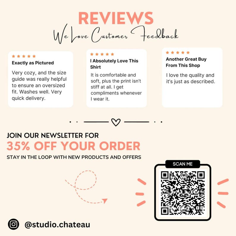 May include: A promotional graphic with customer reviews and a QR code. The text reads "Reviews, We Love Customer Feedback," and includes customer testimonials. It also offers a 35% discount for newsletter sign-ups.