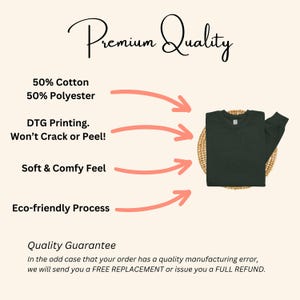 K&ouml;nnte beinhalten: Ein gr&uuml;nes Langarmshirt auf einem geflochtenen Untersetzer. Das Shirt besteht aus 50% Baumwolle und 50% Polyester. Der Text "Premium Quality" befindet sich oben im Bild. Der Text "DTG Printing. Won't Crack or Peel!" befindet sich unter dem Shirt. Der Text "Soft & Comfy Feel" befindet sich darunter. Der Text "Eco-friendly Process" befindet sich darunter. Der Text "Quality Guarantee" befindet sich unten im Bild. Der Text "In the odd case that your order has a quality manufacturing error, we will send you a FREE REPLACEMENT or issue you a FULL REFUND." befindet sich darunter.
