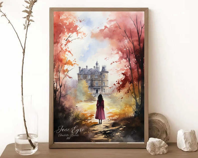 Puede incluir: Una pintura de acuarela de una mujer con un vestido rojo caminando hacia un gran edificio de piedra con un techo azul. El edificio est&aacute; rodeado de &aacute;rboles con hojas rojas y naranjas. La pintura est&aacute; titulada "Jane Eyre" por Charlotte Bront&euml;.