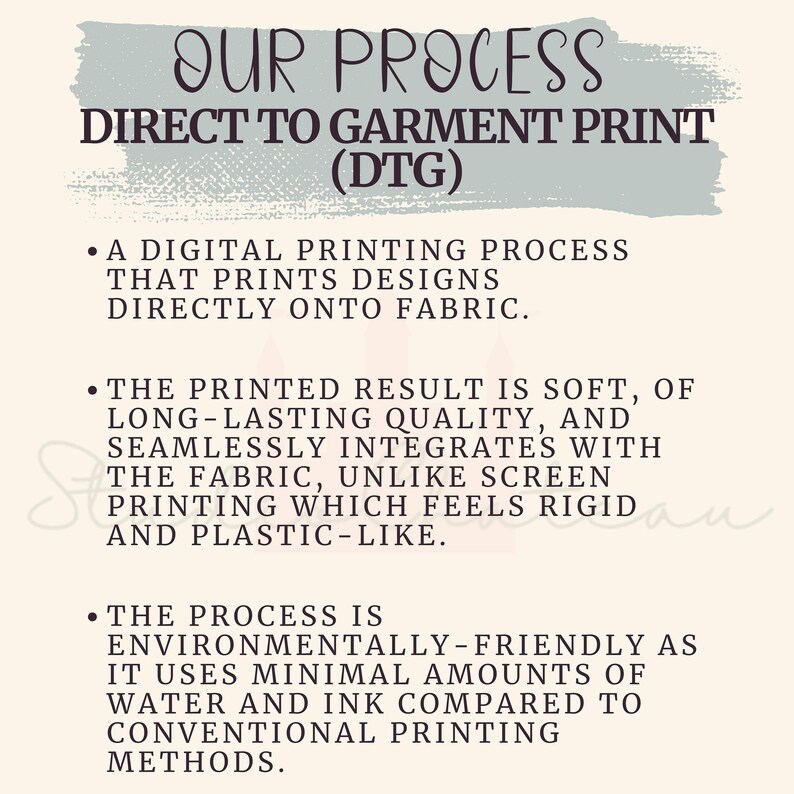 Puede incluir: Un gr&aacute;fico que explica el proceso de impresi&oacute;n directa a la prenda (DTG). Describe el proceso como un m&eacute;todo de impresi&oacute;n digital que imprime dise&ntilde;os directamente sobre la tela. El resultado impreso es suave, duradero y se integra perfectamente con la tela. El proceso es ecol&oacute;gico, ya que utiliza cantidades m&iacute;nimas de agua y tinta en comparaci&oacute;n con los m&eacute;todos de impresi&oacute;n convencionales.