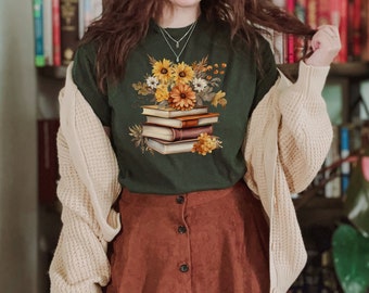 Camiseta estilo cottagecore, camiseta de libros, camiseta bohemia de flores silvestres Granola Girl, camiseta botánica, camiseta estilo cottagecore, camiseta de lectura floral de jardinero