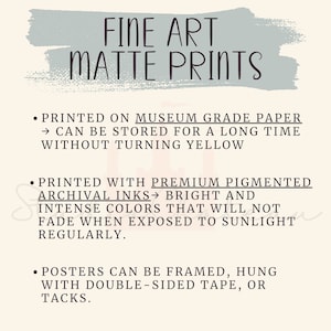 Puede incluir: Impresiones mate de arte fino impresas en papel de calidad de museo y con tintas de archivo pigmentadas de primera calidad. Las impresiones est&aacute;n dise&ntilde;adas para resistir la decoloraci&oacute;n cuando se exponen a la luz solar. Los p&oacute;sters se pueden enmarcar, colgar con cinta adhesiva de doble cara o chinchetas.