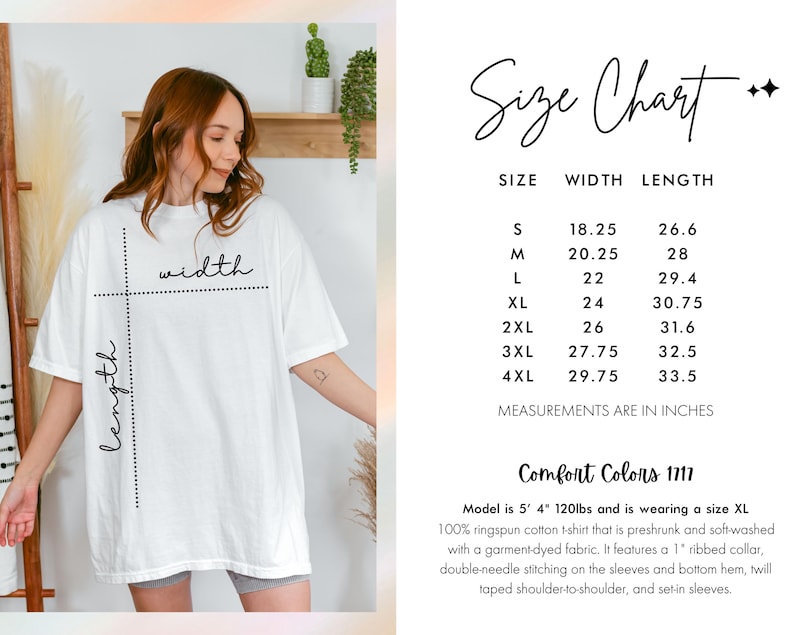 Puede incluir: Una camiseta blanca con una tabla de tallas y las palabras "ancho" y "largo" escritas en ella. La tabla de tallas enumera las medidas en pulgadas para las tallas S a 4XL. Tambi&eacute;n se ve el texto "Comfort Colors 1717".