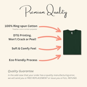 Może przedstawiać: Zielony t-shirt z białą metką z przodu. T-shirt jest wykonany ze 100% bawełny ring-spun i drukowany metodą DTG (Direct-to-Garment). T-shirt jest miękki i wygodny oraz przyjazny dla środowiska. Tekst na obrazku brzmi: "Premium Quality", "100% Ring-spun Cotton", "*heather colours contain polyester", "DTG Printing. Won't Crack or Peel!", "Soft & Comfy Feel", "Eco-friendly Process", "Quality Guarantee", "In the odd case that your order has a quality manufacturing error, we will send you a FREE REPLACEMENT or issue you a FULL REFUND."