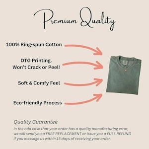 May include: A folded, sage green t-shirt with a crew neck and a small pendant. Text on the image reads "Premium Quality", "100% Ring-spun Cotton", "DTG Printing. Won't Crack or Peel!", "Soft & Comfy Feel", and "Eco-friendly Process".