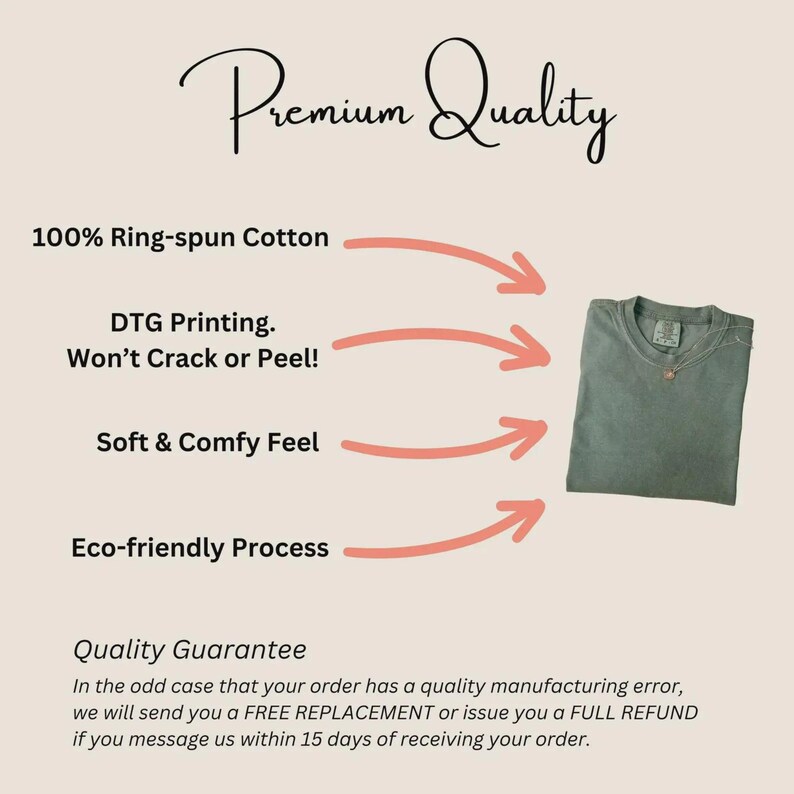 May include: A folded, sage green t-shirt with a crew neck and a small pendant. Text on the image reads "Premium Quality", "100% Ring-spun Cotton", "DTG Printing. Won't Crack or Peel!", "Soft & Comfy Feel", and "Eco-friendly Process".