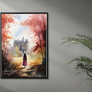 Puede incluir: Una pintura de acuarela de una mujer caminando hacia una gran casa se&ntilde;orial de piedra. Los &aacute;rboles est&aacute;n en tonos rojos y naranjas, lo que sugiere oto&ntilde;o. El texto "Jane Eyre" y "Charlotte Bronte 1847" est&aacute; escrito en la parte inferior de la pintura.