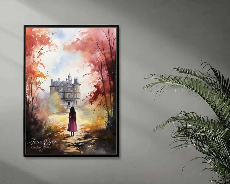 Puede incluir: Una pintura de acuarela de una mujer caminando hacia una gran casa se&ntilde;orial de piedra. Los &aacute;rboles est&aacute;n en tonos rojos y naranjas, lo que sugiere oto&ntilde;o. El texto "Jane Eyre" y "Charlotte Bronte 1847" est&aacute; escrito en la parte inferior de la pintura.